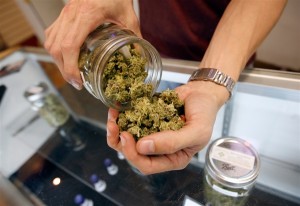 A budtender pours marijuana from a jar at Perennial Holistic Wellness Center medical marijuana dispensary in Los Angeles on July 25. David McNew / Getty Images file